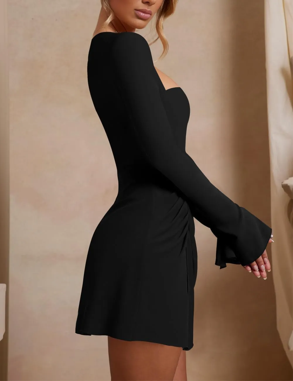 Womens Ruched Bodycon Dress Sexy Long Sleeve Square Neck Split Cocktail Party Club Mini Short Tight Dress