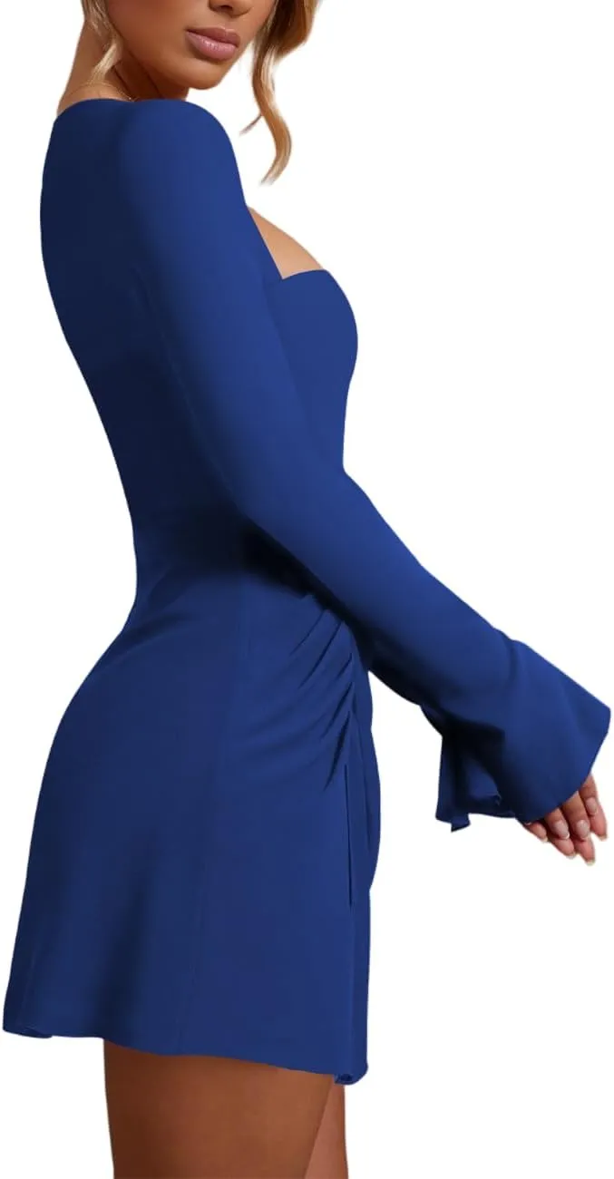 Womens Ruched Bodycon Dress Sexy Long Sleeve Square Neck Split Cocktail Party Club Mini Short Tight Dress