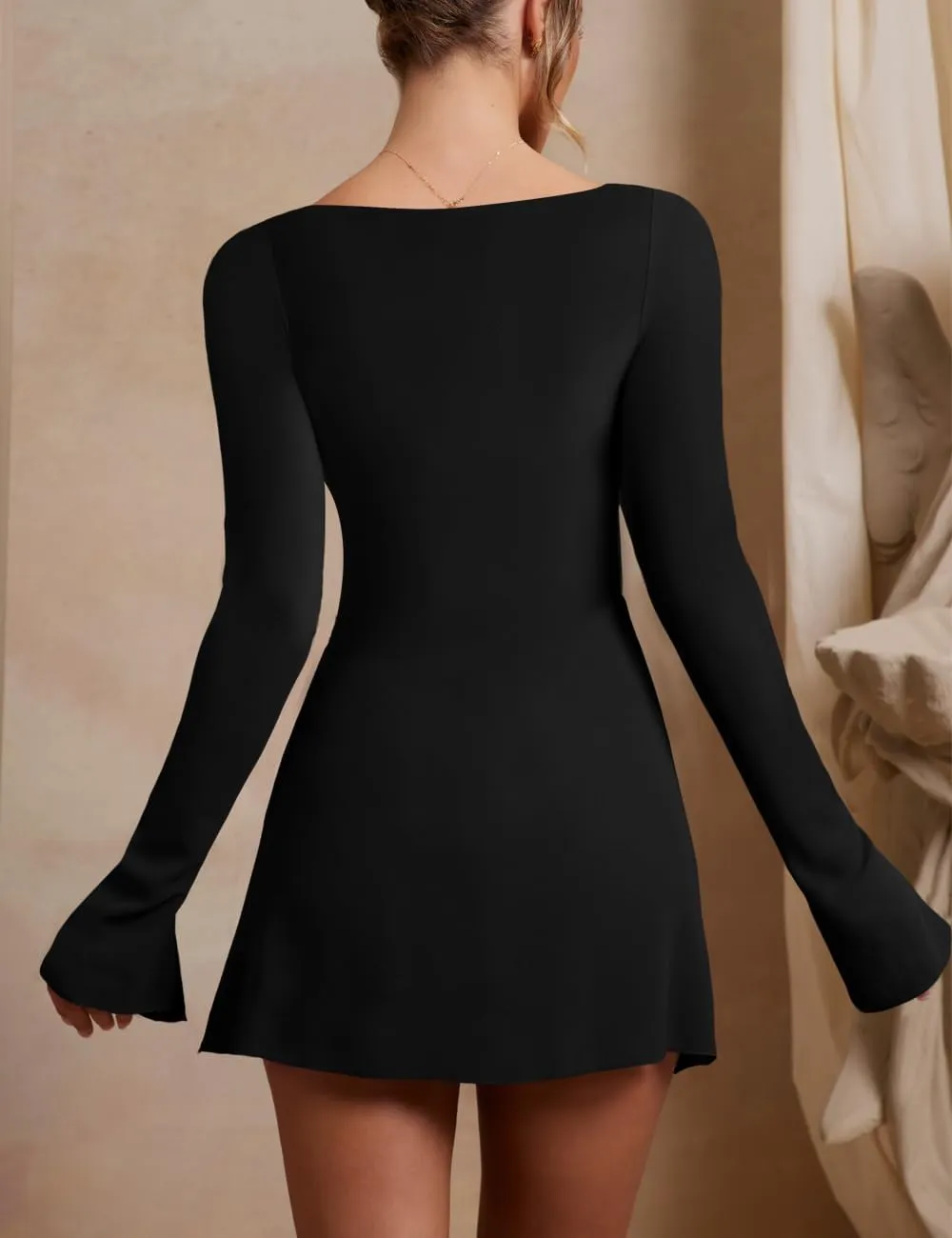 Womens Ruched Bodycon Dress Sexy Long Sleeve Square Neck Split Cocktail Party Club Mini Short Tight Dress