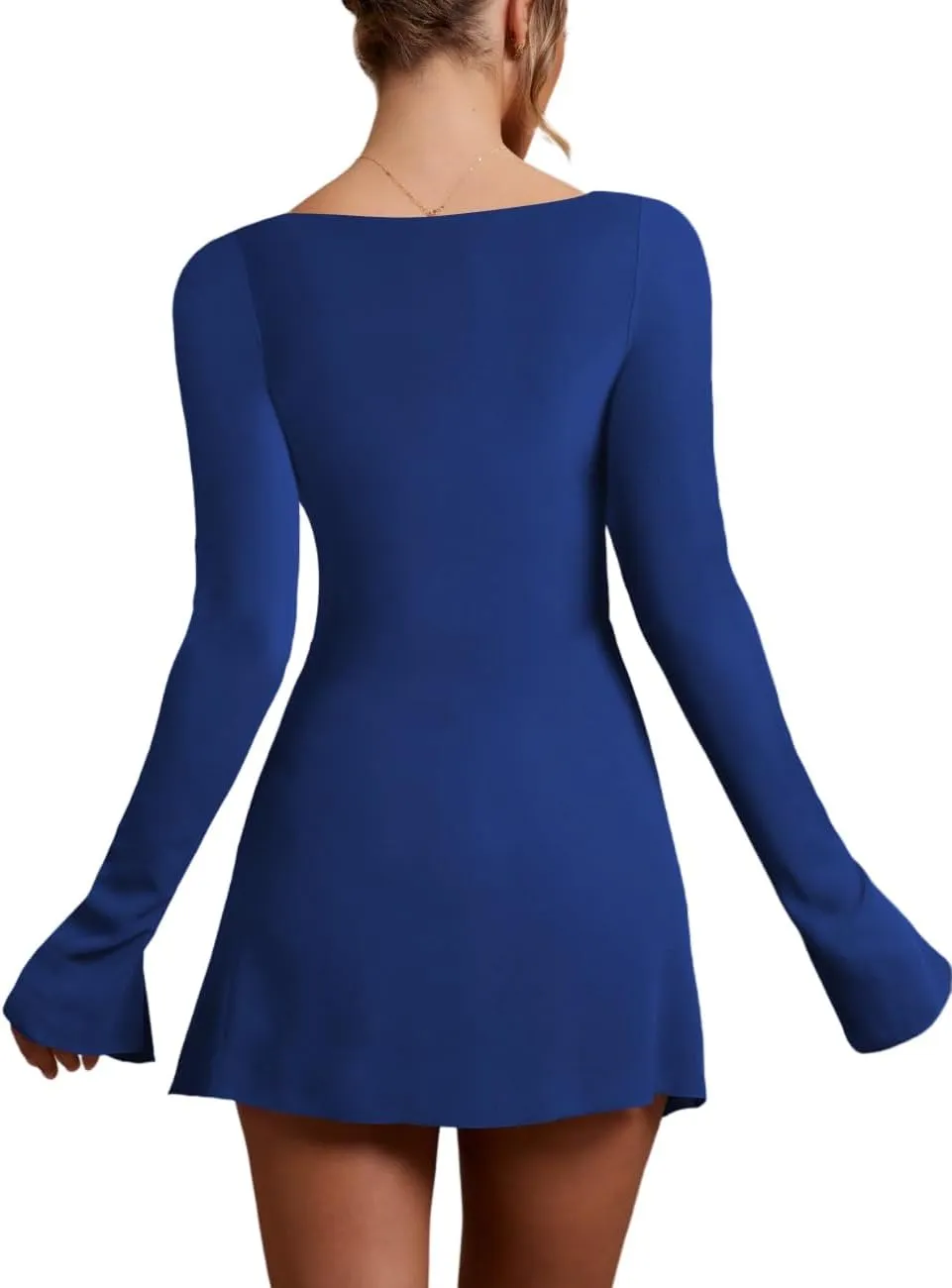 Womens Ruched Bodycon Dress Sexy Long Sleeve Square Neck Split Cocktail Party Club Mini Short Tight Dress