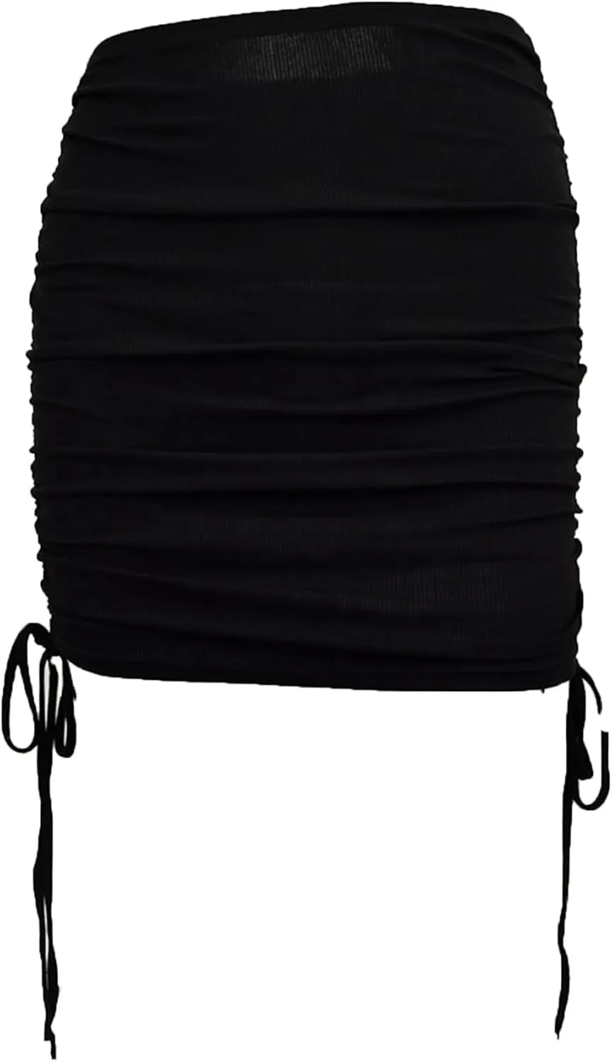 Womens Ruched Drawstring Knot Side Skirt High Waist Ribbed Bodycon Skirt Casual Asymmetric Mini Short Skirt