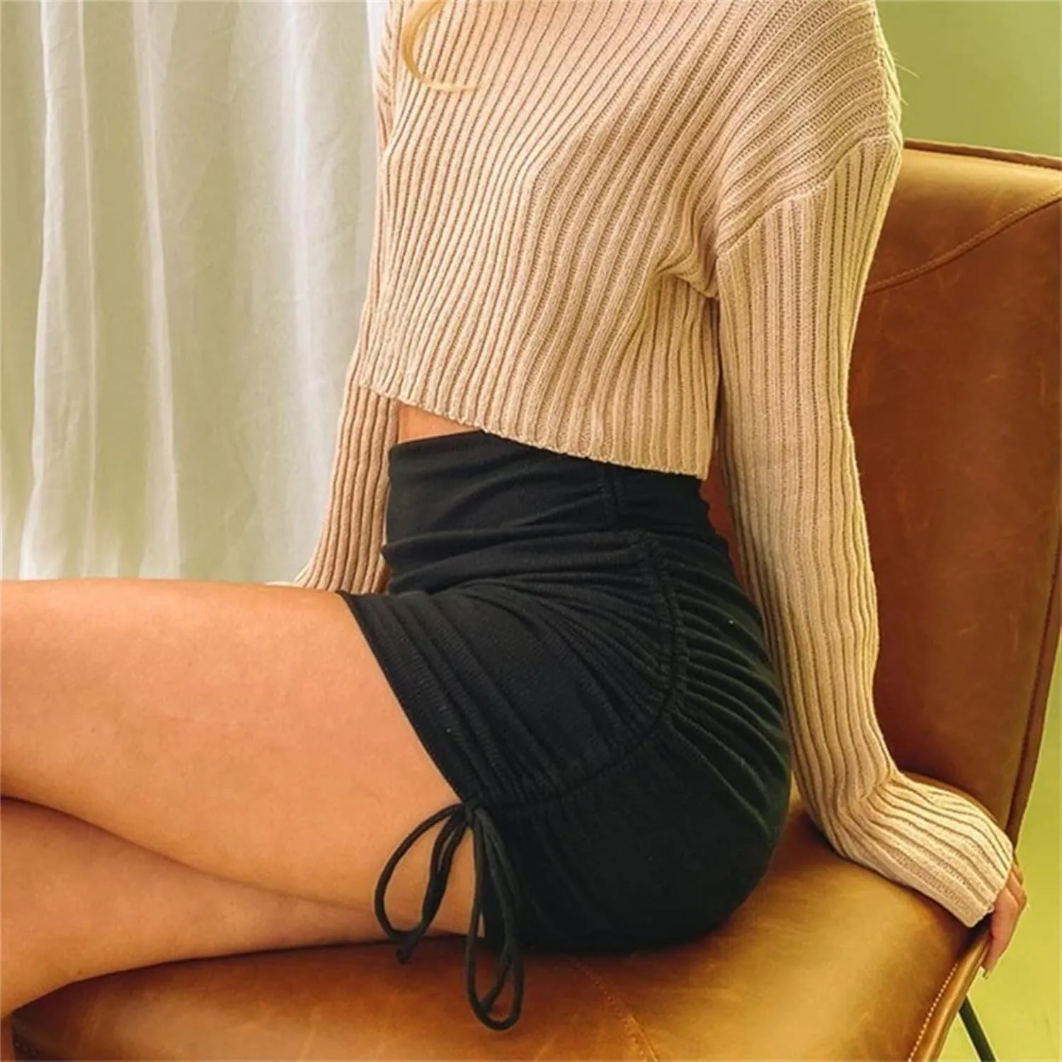 Womens Ruched Drawstring Knot Side Skirt High Waist Ribbed Bodycon Skirt Casual Asymmetric Mini Short Skirt