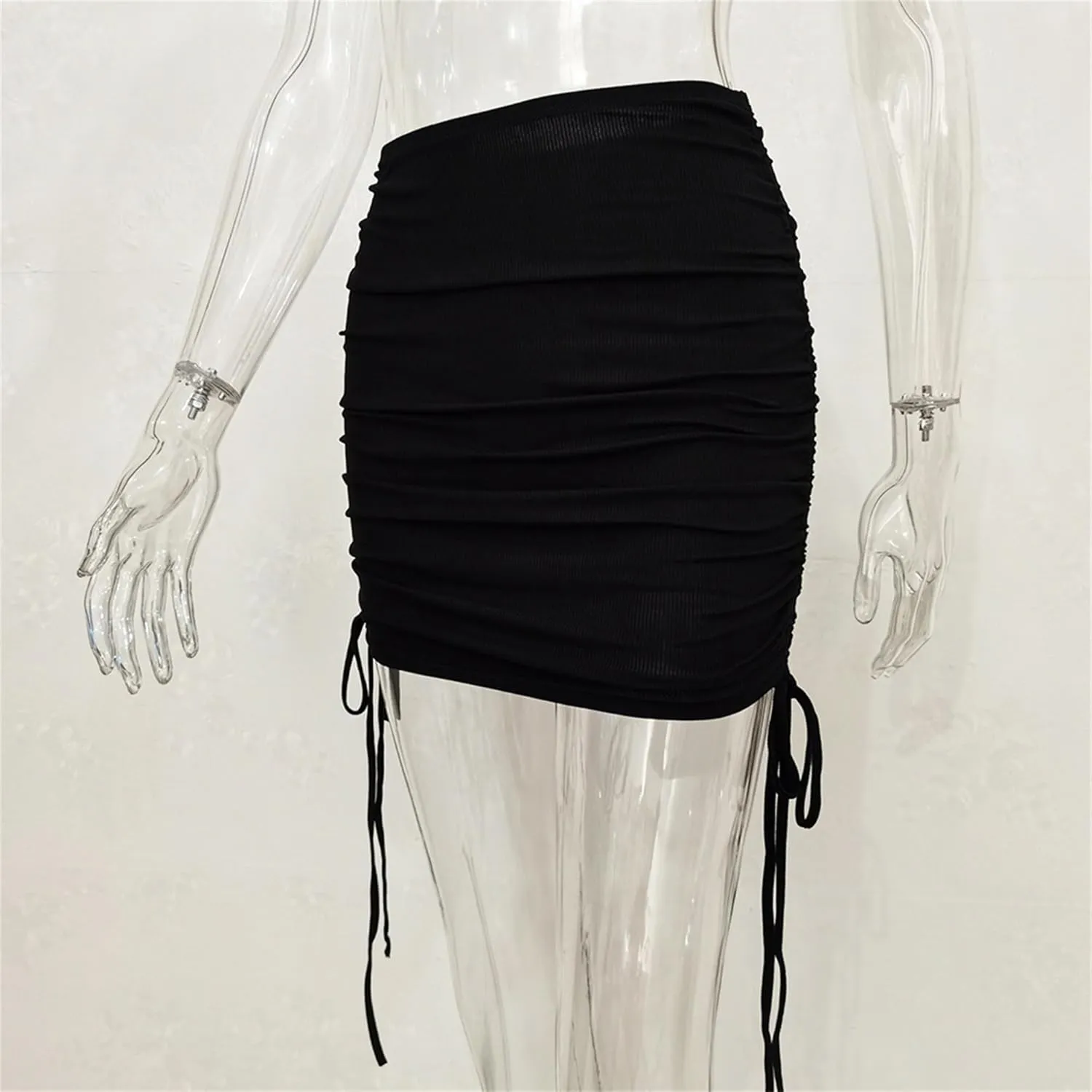 Womens Ruched Drawstring Knot Side Skirt High Waist Ribbed Bodycon Skirt Casual Asymmetric Mini Short Skirt