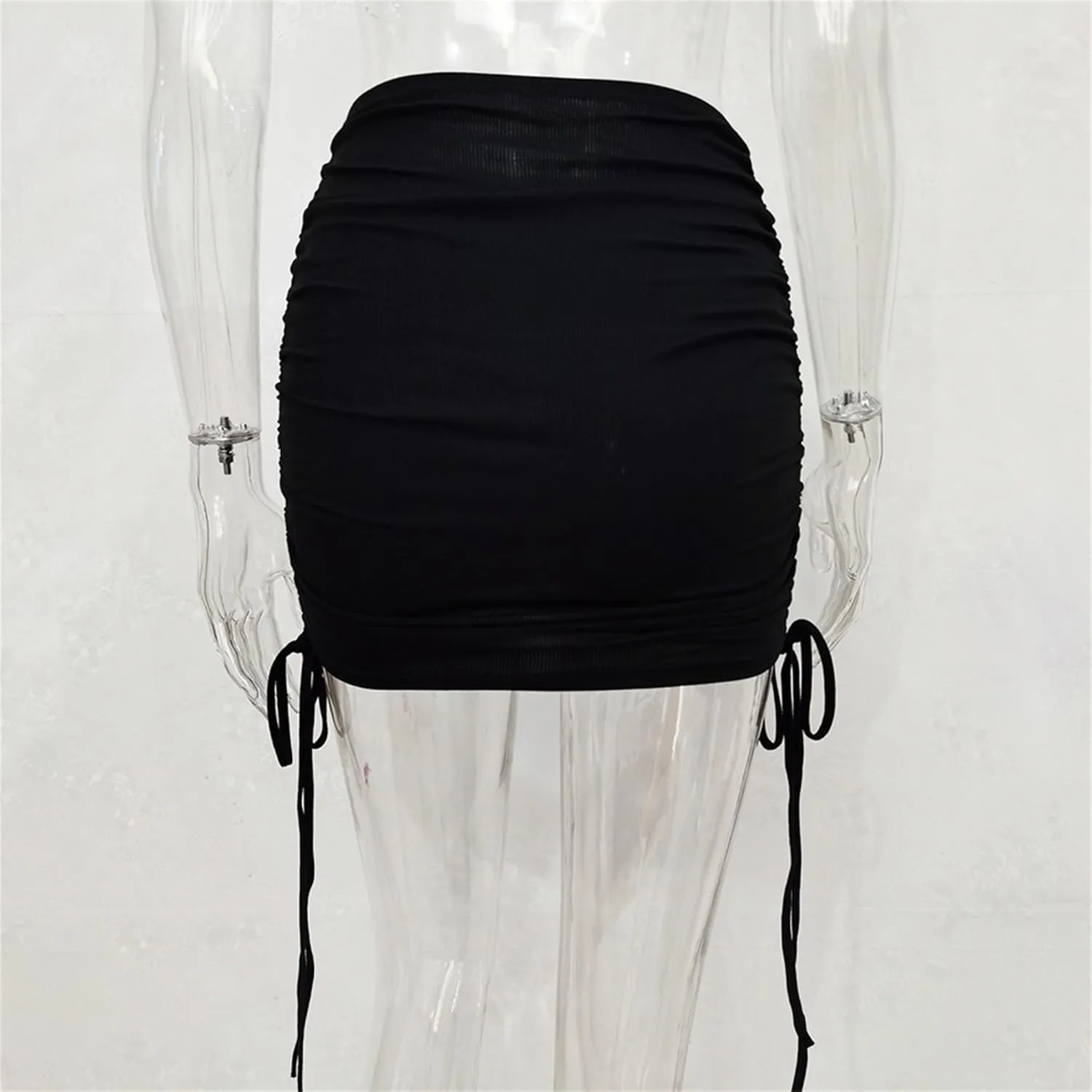 Womens Ruched Drawstring Knot Side Skirt High Waist Ribbed Bodycon Skirt Casual Asymmetric Mini Short Skirt