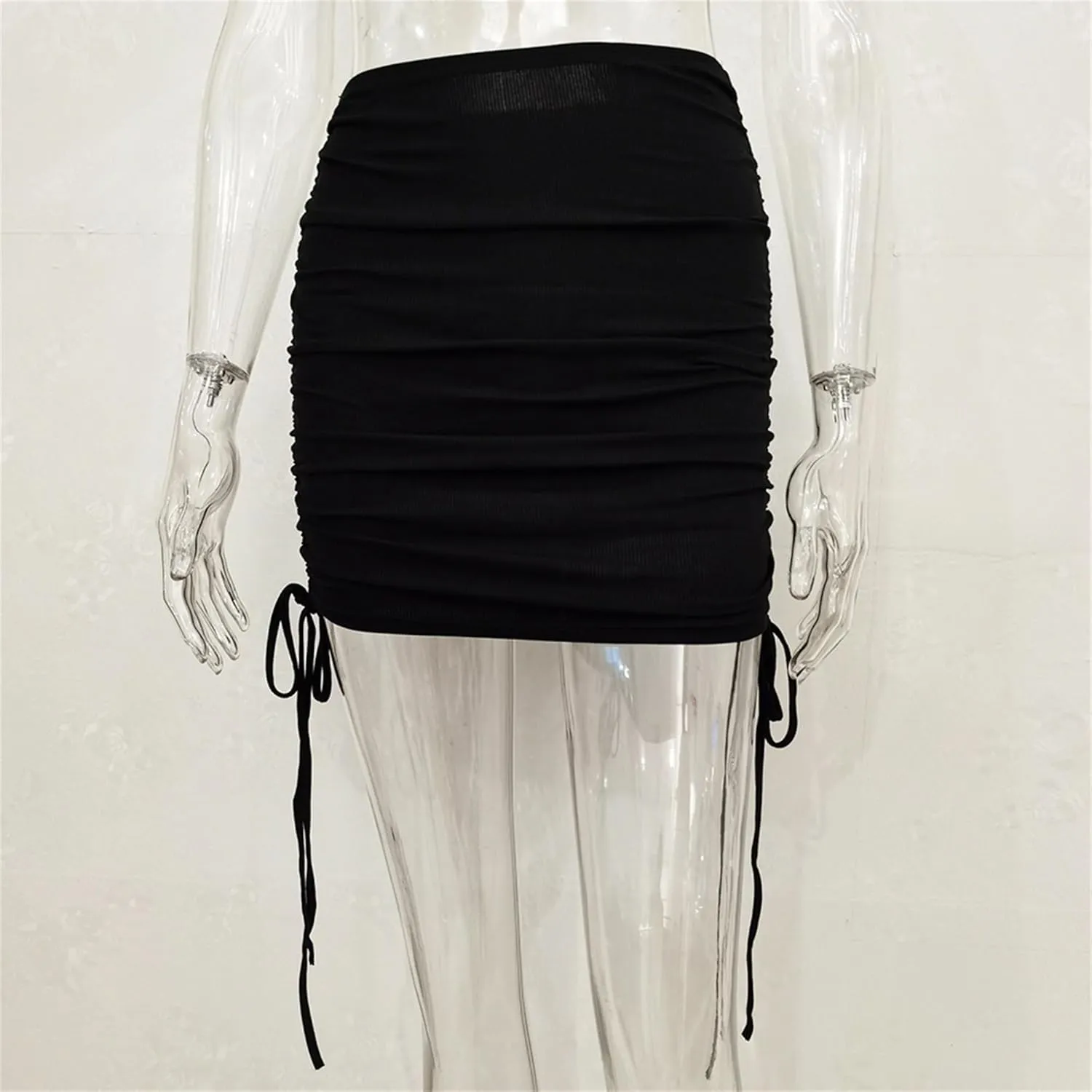 Womens Ruched Drawstring Knot Side Skirt High Waist Ribbed Bodycon Skirt Casual Asymmetric Mini Short Skirt