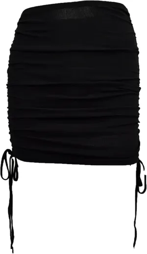Womens Ruched Drawstring Knot Side Skirt High Waist Ribbed Bodycon Skirt Casual Asymmetric Mini Short Skirt