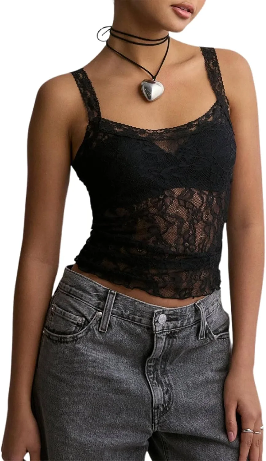 Womens Sexy Lace Ruffle Spaghetti Strap Camisole Tank Top Y2k Going Out Slim Fit Cami Sleeveless Shirt Crop Tops