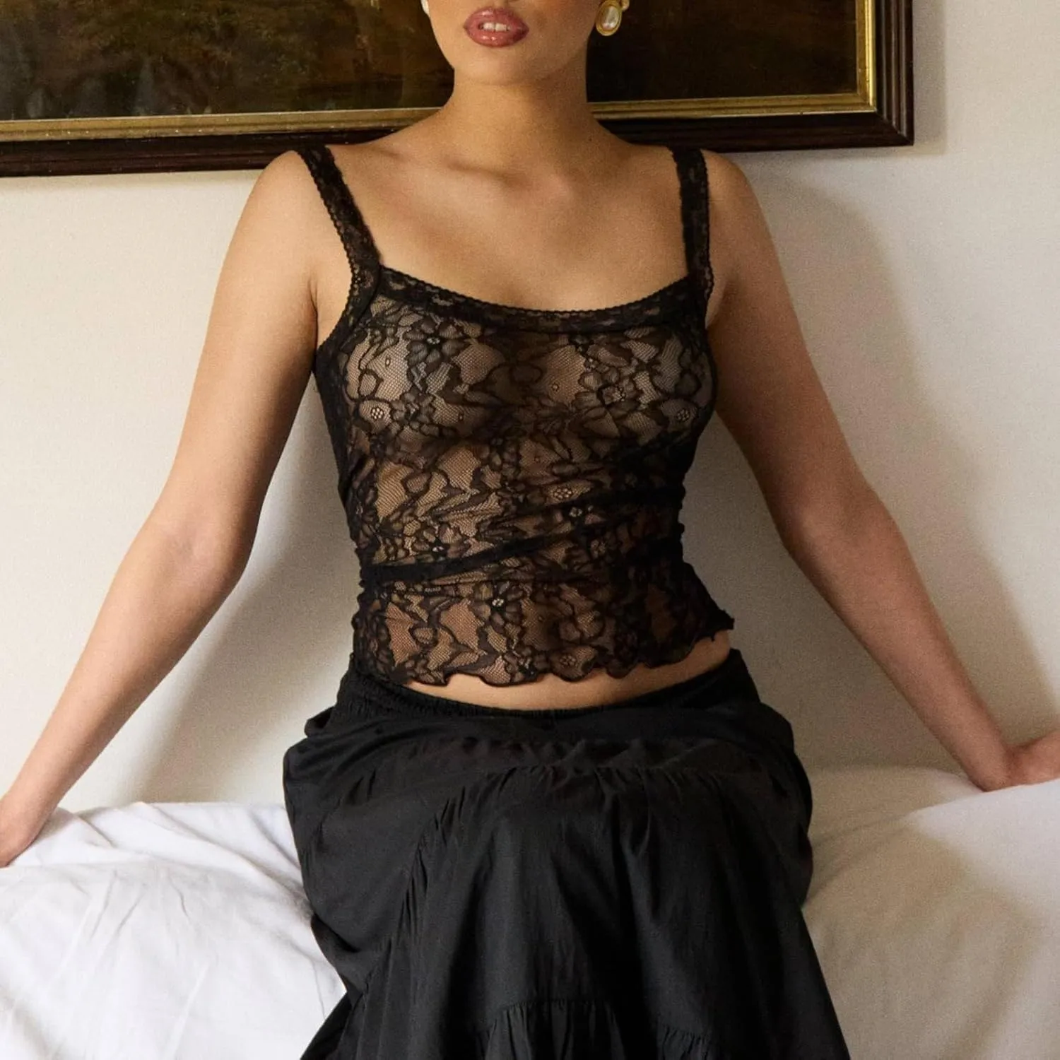 Womens Sexy Lace Ruffle Spaghetti Strap Camisole Tank Top Y2k Going Out Slim Fit Cami Sleeveless Shirt Crop Tops