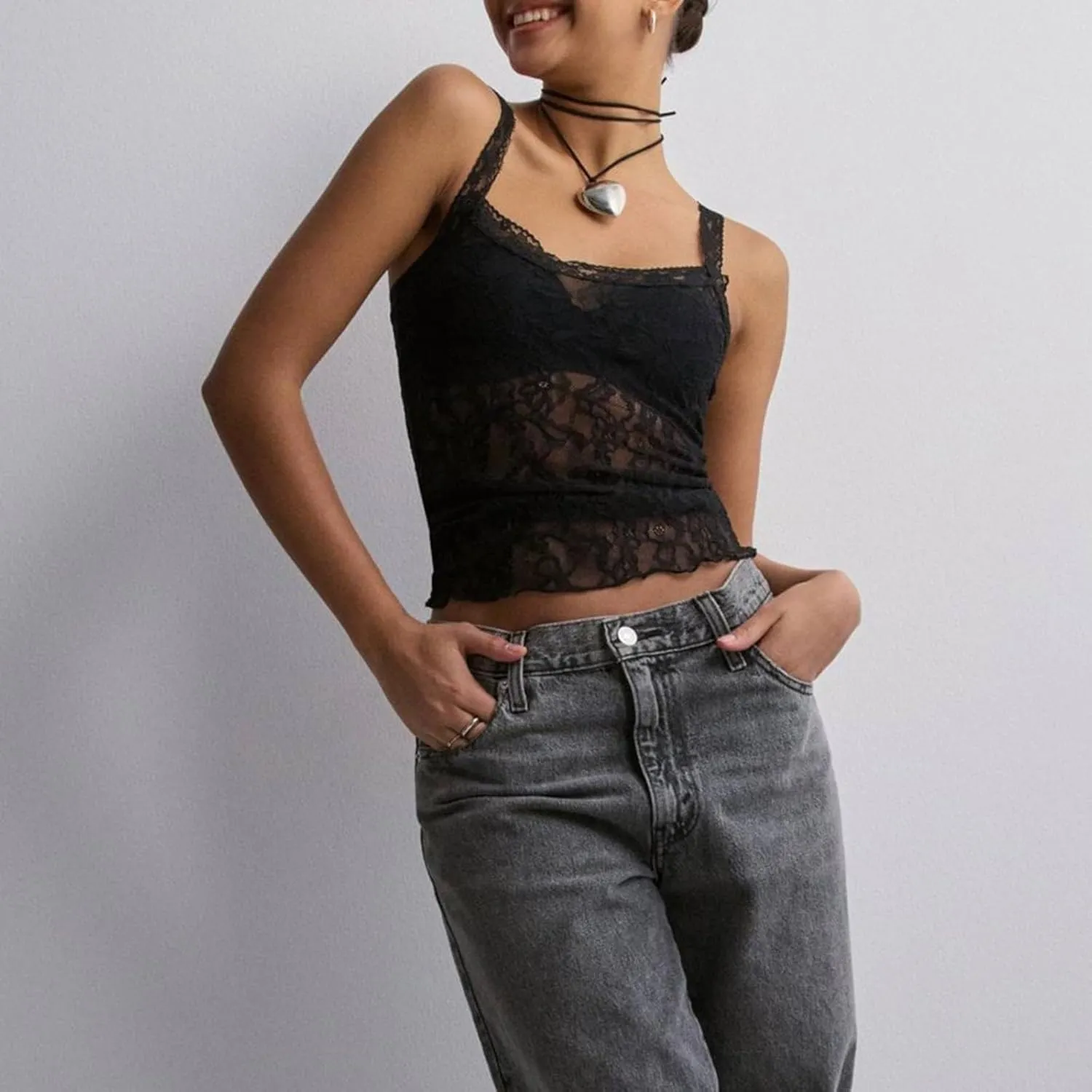 Womens Sexy Lace Ruffle Spaghetti Strap Camisole Tank Top Y2k Going Out Slim Fit Cami Sleeveless Shirt Crop Tops