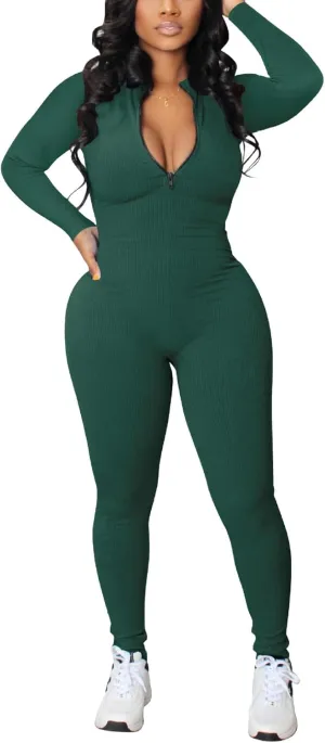 Womens Sexy Ribbed Bodycon Jumpsuit Long Sleeve Zipper Mock Neck Skinny Pants One Piece Romper Outfit Clubwear