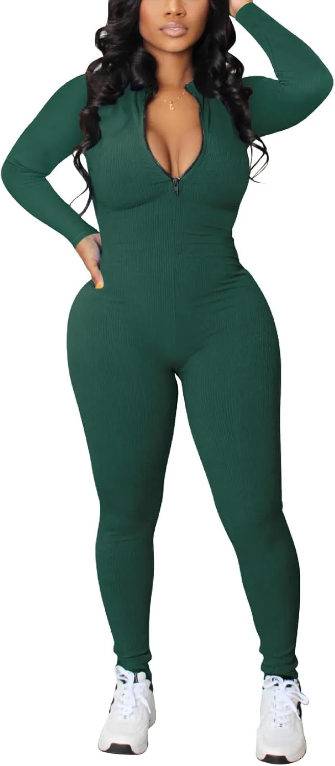 Womens Sexy Ribbed Bodycon Jumpsuit Long Sleeve Zipper Mock Neck Skinny Pants One Piece Romper Outfit Clubwear