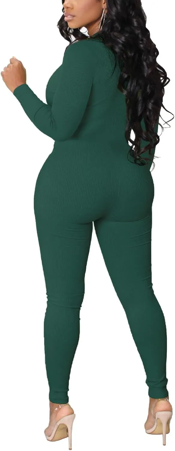 Womens Sexy Ribbed Bodycon Jumpsuit Long Sleeve Zipper Mock Neck Skinny Pants One Piece Romper Outfit Clubwear