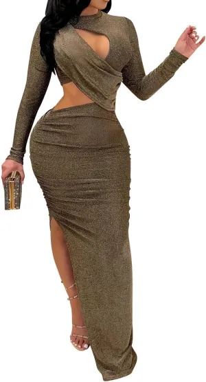 Women's Sexy Ruched Long Sleeve Bodycon Dress Cut Out Solid Color Basic Fitted Elegant Midi Dresses