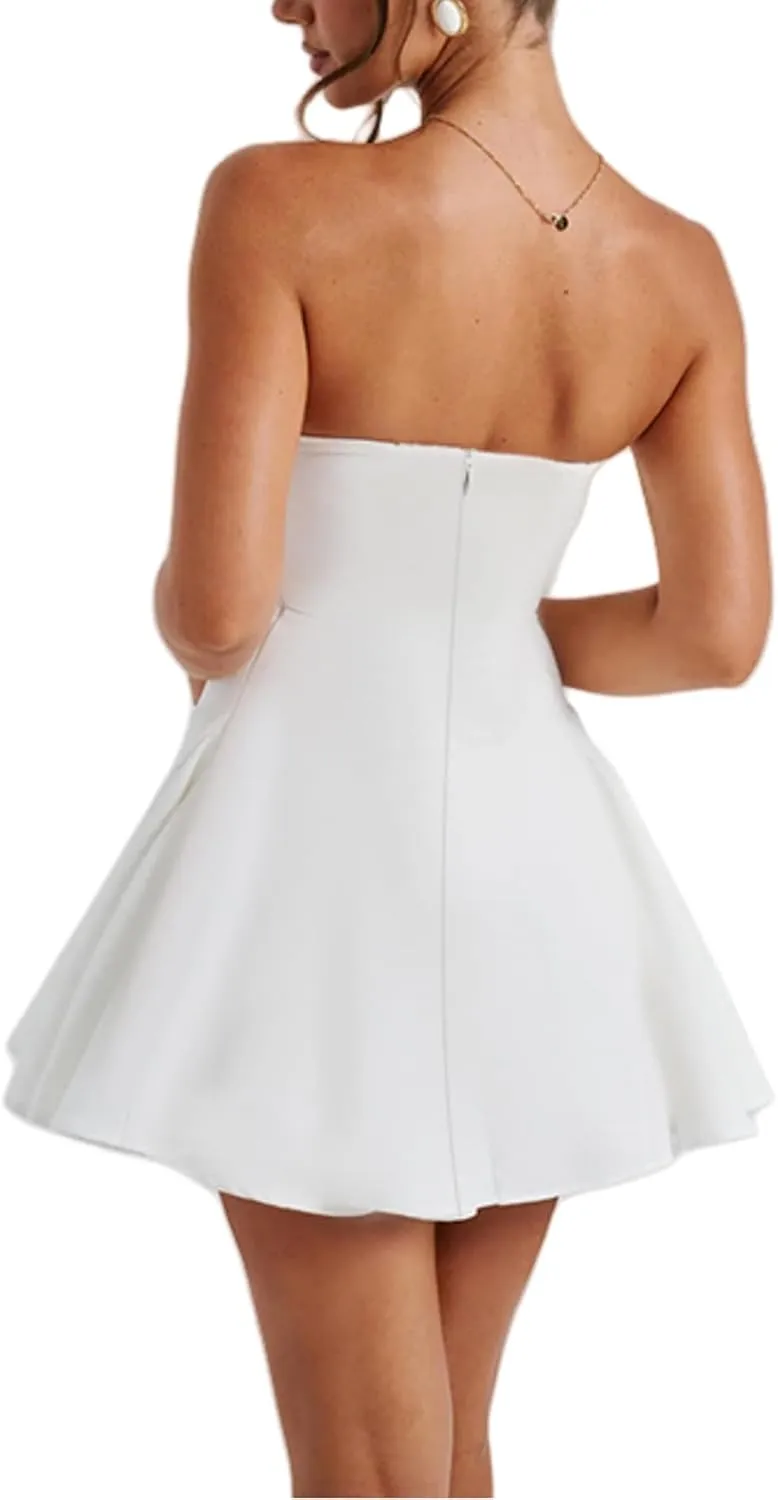 Women's Sexy Strapless Tube Dress with Bow Elegant Flare Formal Dresses Off Shoulder Dress Wedding Dresses for Women