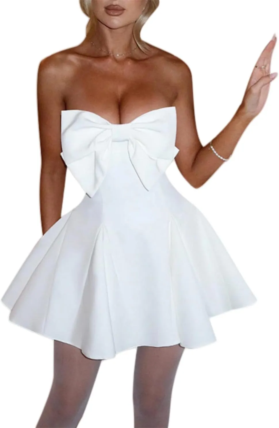 Women's Sexy Strapless Tube Dress with Bow Elegant Flare Formal Dresses Off Shoulder Dress Wedding Dresses for Women