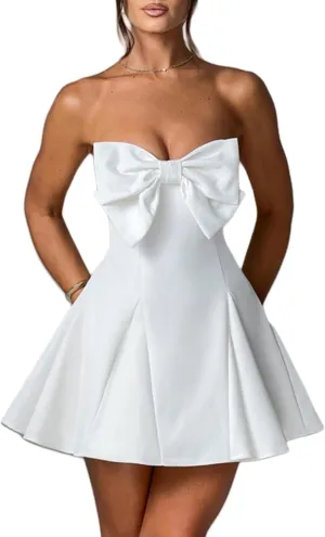 Women's Sexy Strapless Tube Dress with Bow Elegant Flare Formal Dresses Off Shoulder Dress Wedding Dresses for Women