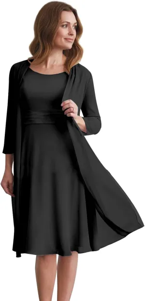 Women's Short Mother of The Bride Dresses for Wedding with Jacket Knee Length Chiffon Formal Evening Gown