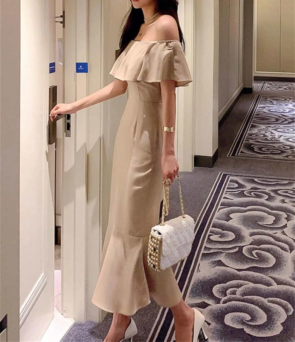 WomenS Slash Neck Mermaid Evening Gown - Korean Style Bodycon for Formal Parties