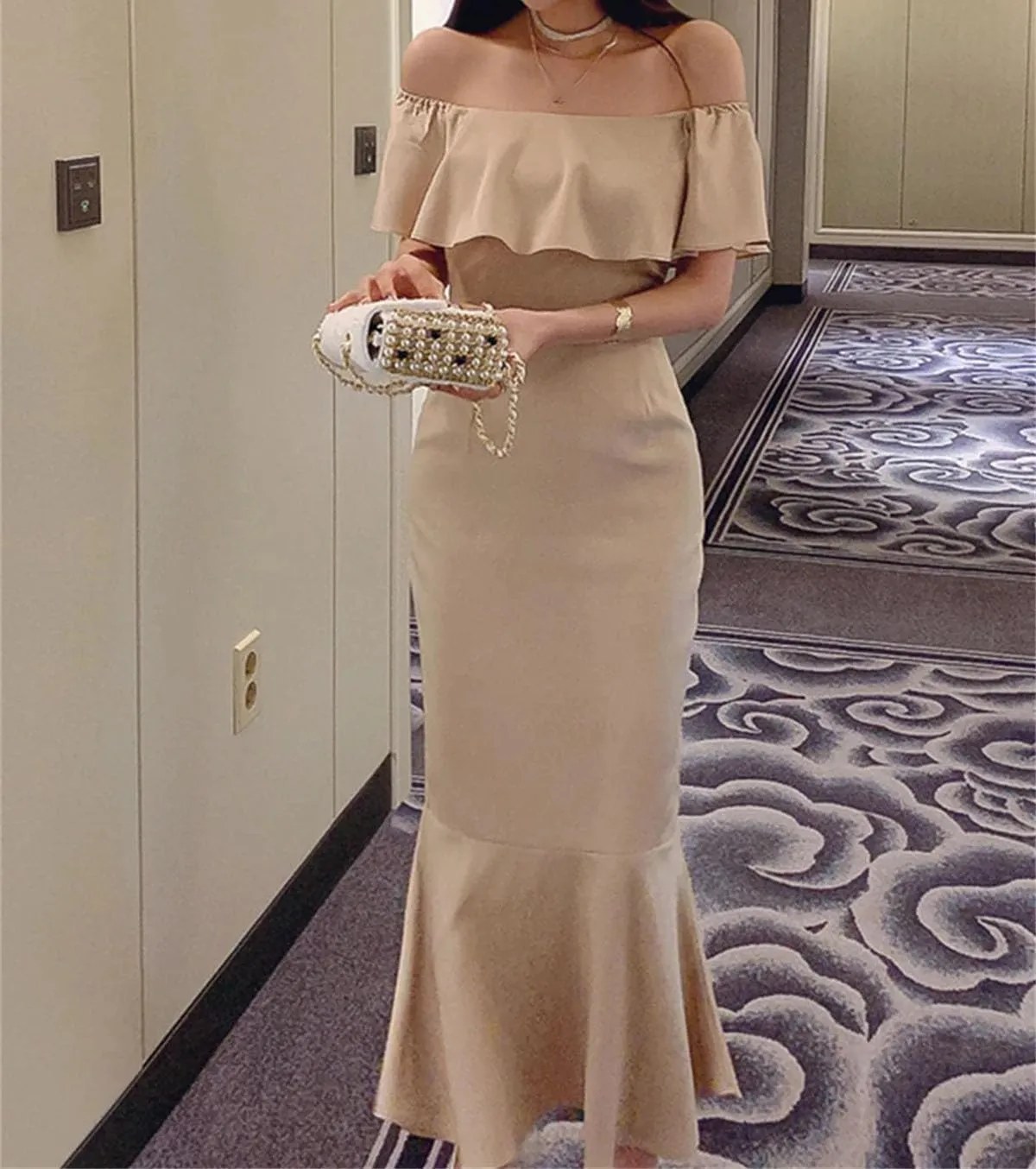 WomenS Slash Neck Mermaid Evening Gown - Korean Style Bodycon for Formal Parties