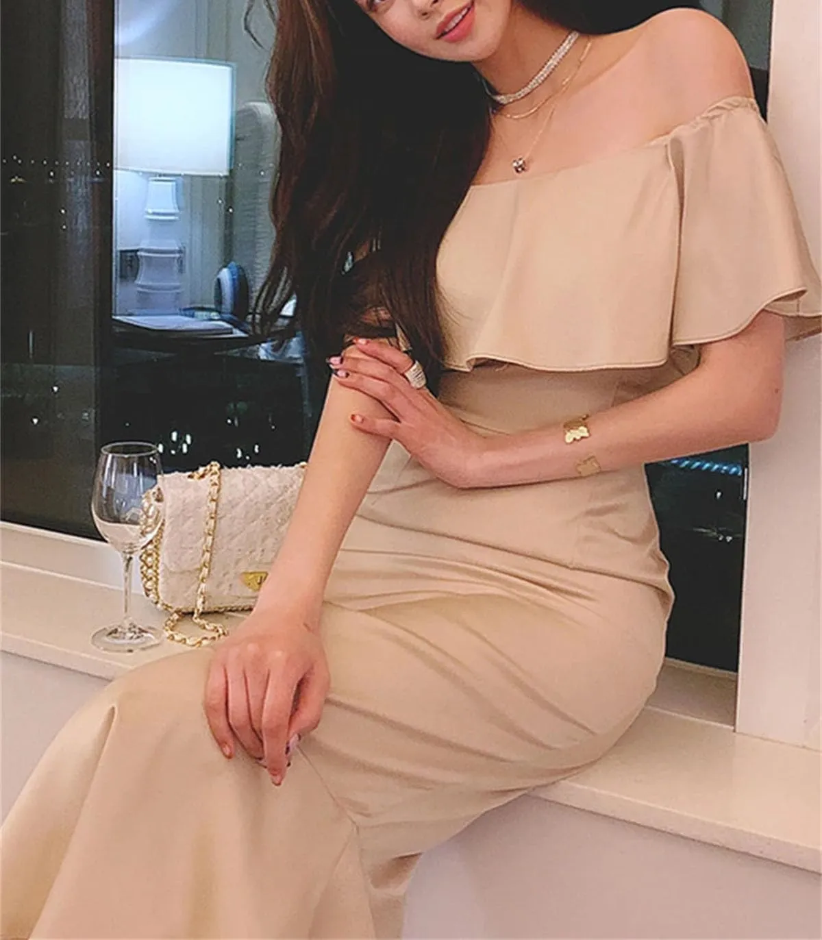 WomenS Slash Neck Mermaid Evening Gown - Korean Style Bodycon for Formal Parties