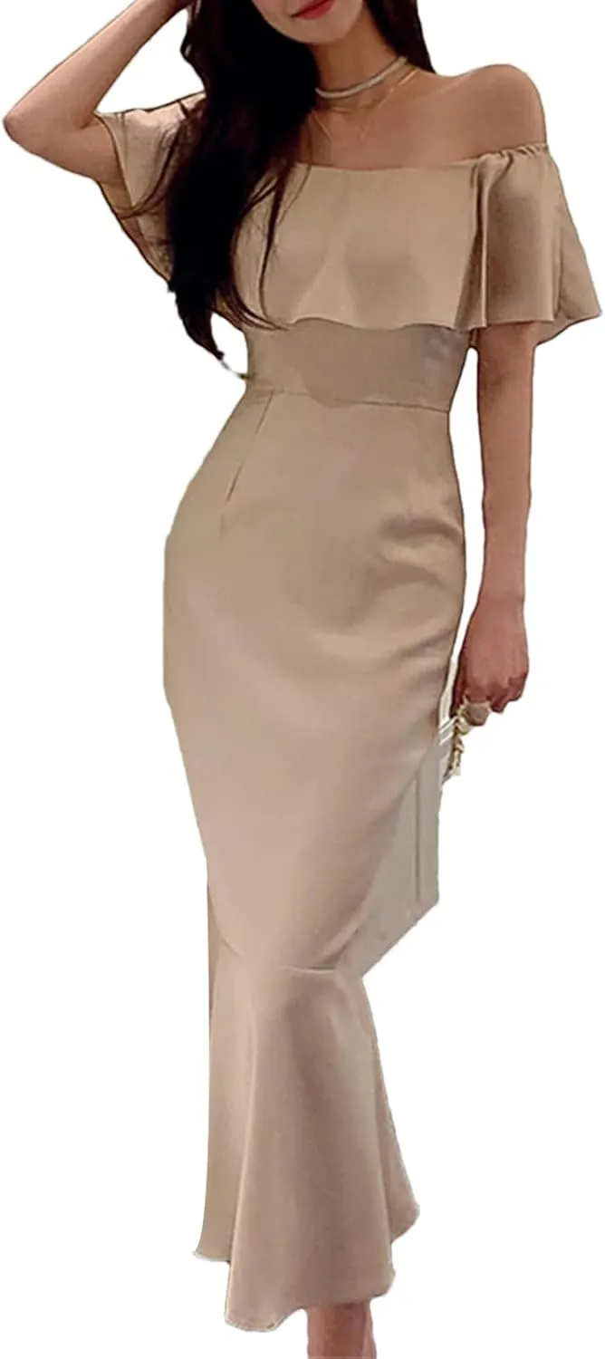 WomenS Slash Neck Mermaid Evening Gown - Korean Style Bodycon for Formal Parties