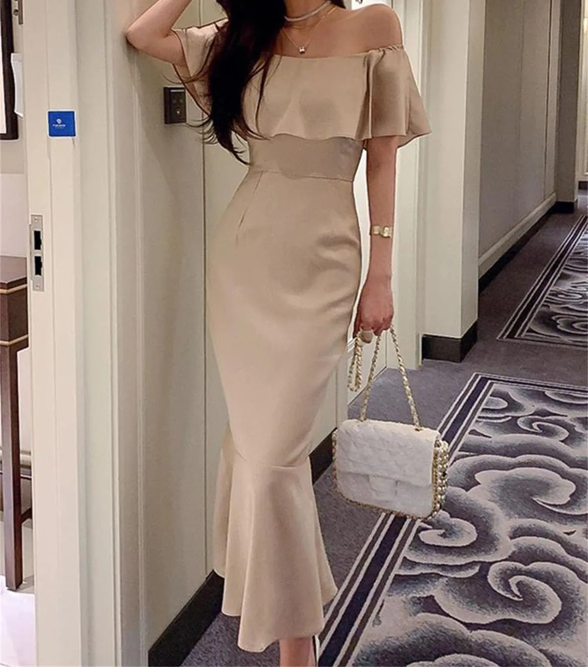 WomenS Slash Neck Mermaid Evening Gown - Korean Style Bodycon for Formal Parties