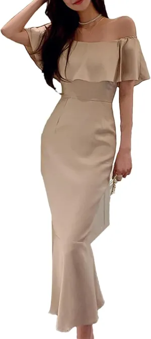 WomenS Slash Neck Mermaid Evening Gown - Korean Style Bodycon for Formal Parties