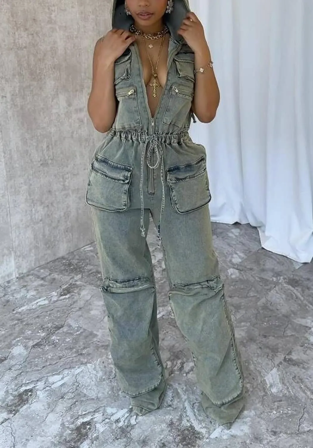 Womens Sleeveless Denim Cargo Jumpsuit Zip up Hoodie Straight Leg Jeans Long Pants Summer Romper with Pockets