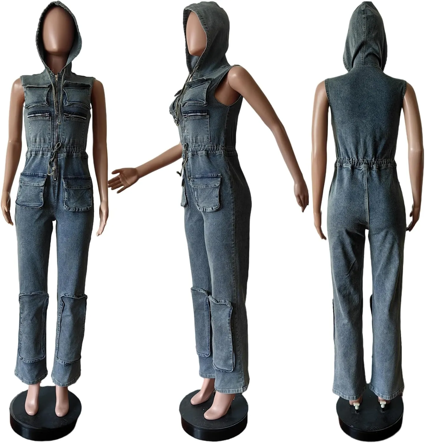 Womens Sleeveless Denim Cargo Jumpsuit Zip up Hoodie Straight Leg Jeans Long Pants Summer Romper with Pockets