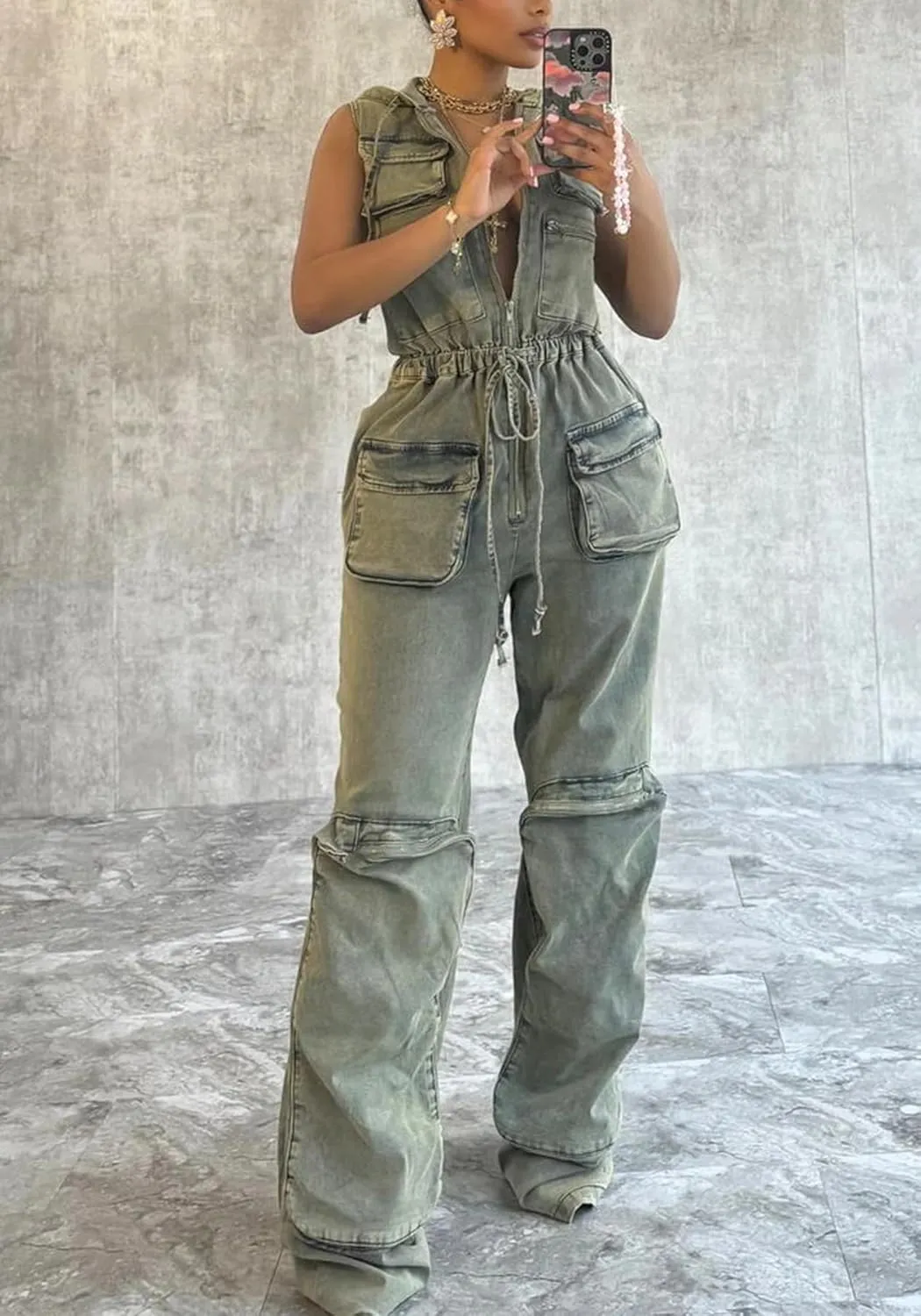 Womens Sleeveless Denim Cargo Jumpsuit Zip up Hoodie Straight Leg Jeans Long Pants Summer Romper with Pockets