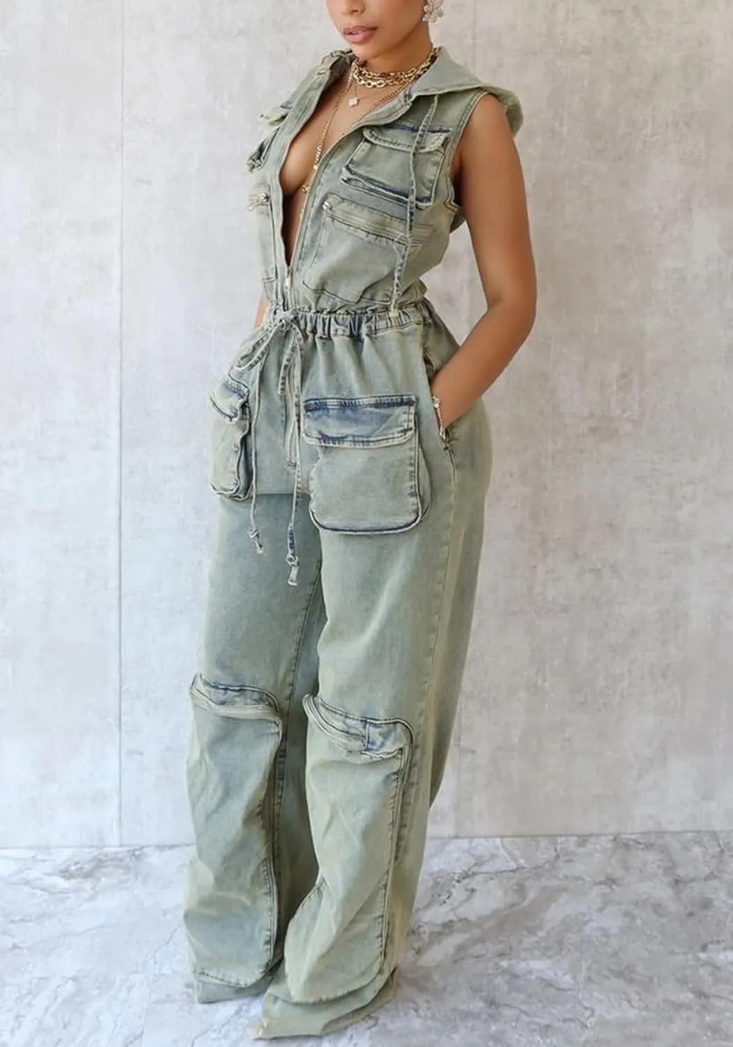 Womens Sleeveless Denim Cargo Jumpsuit Zip up Hoodie Straight Leg Jeans Long Pants Summer Romper with Pockets