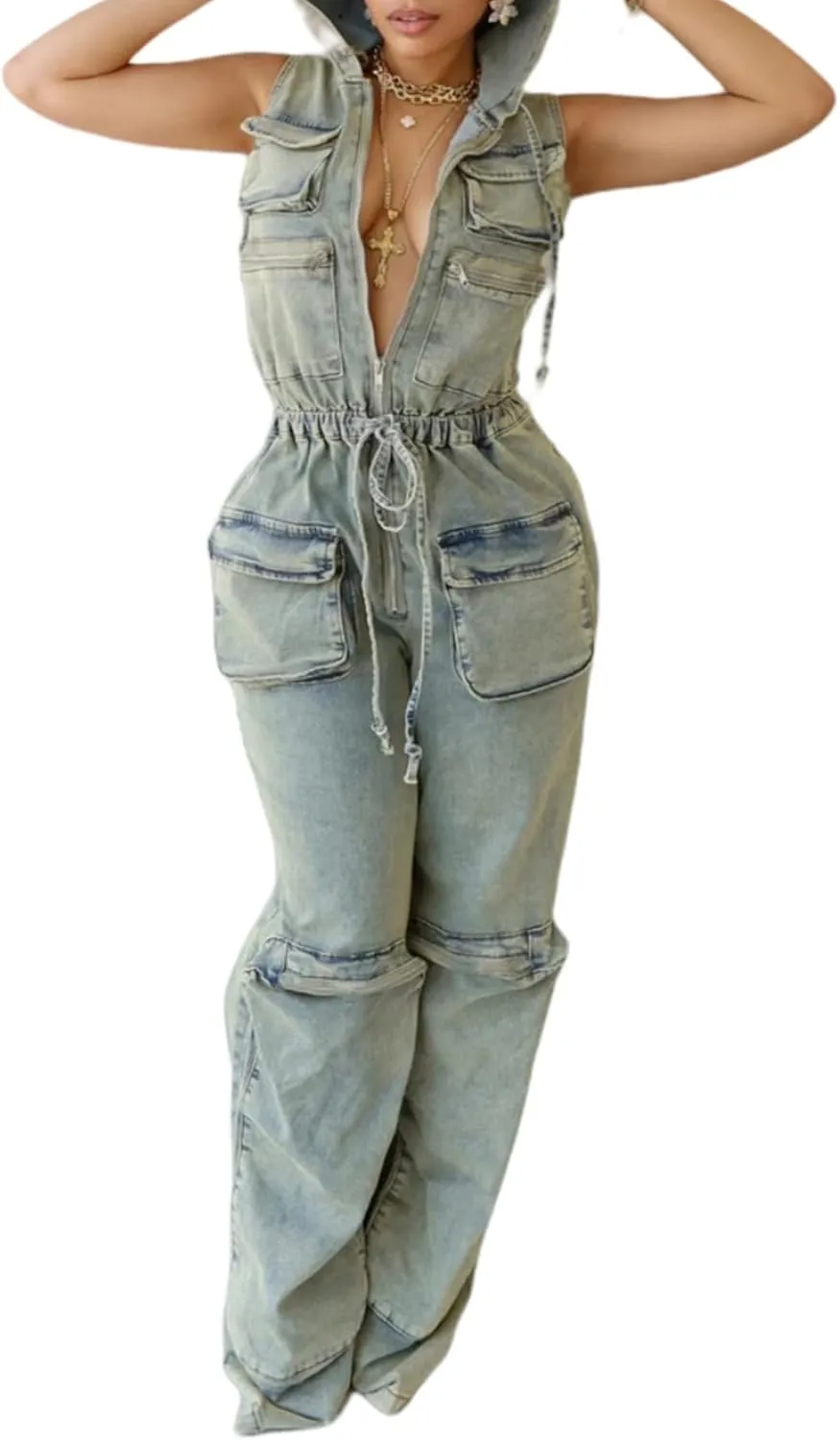 Womens Sleeveless Denim Cargo Jumpsuit Zip up Hoodie Straight Leg Jeans Long Pants Summer Romper with Pockets
