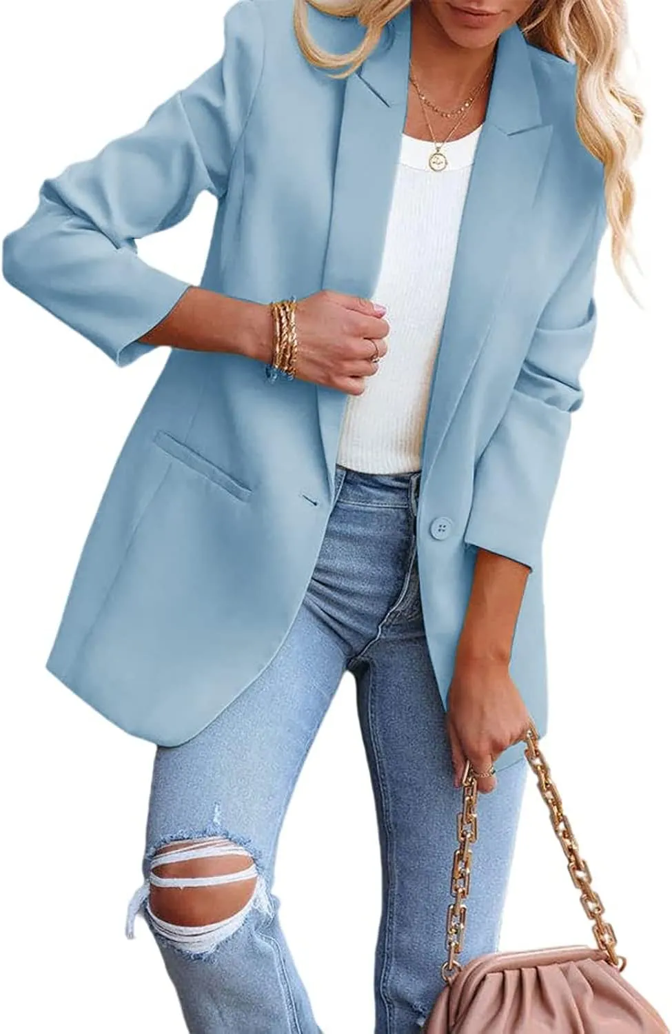 Women's Solid Color Casual Long Sleeve Lapel Button Blazer Jacket for Business Lady