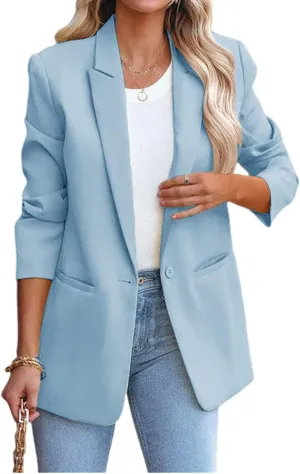Women's Solid Color Casual Long Sleeve Lapel Button Blazer Jacket for Business Lady