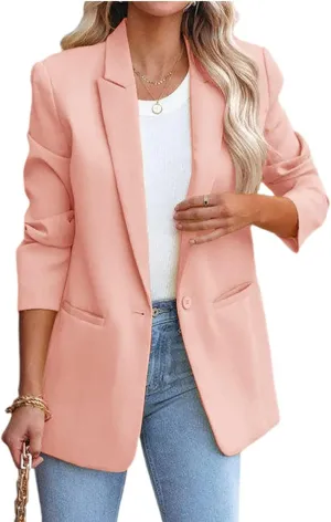 Women's Solid Color Casual Long Sleeve Lapel Button Blazer Jacket for Business Lady