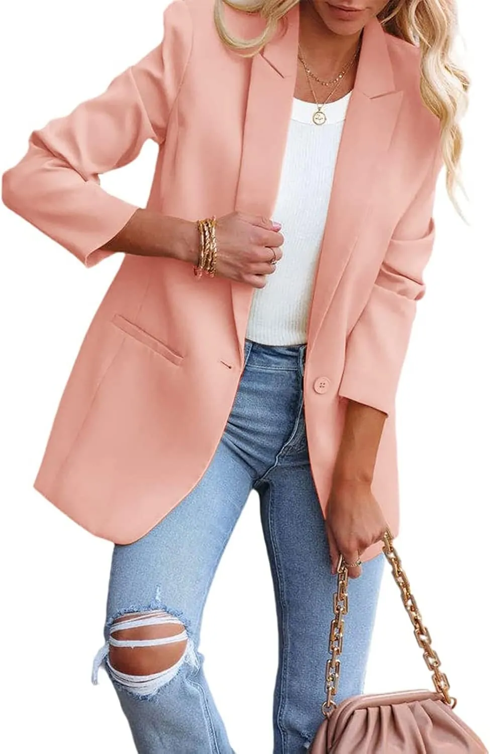 Women's Solid Color Casual Long Sleeve Lapel Button Blazer Jacket for Business Lady