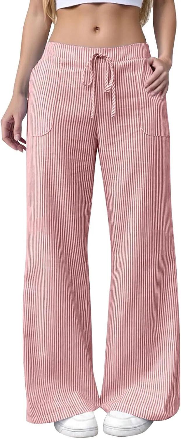 Womens Striped Linen Pants Low Rise Wide Leg Plus Size Trendy Drawstring Elastic Waist Casual Flowy Trouser with Pockets