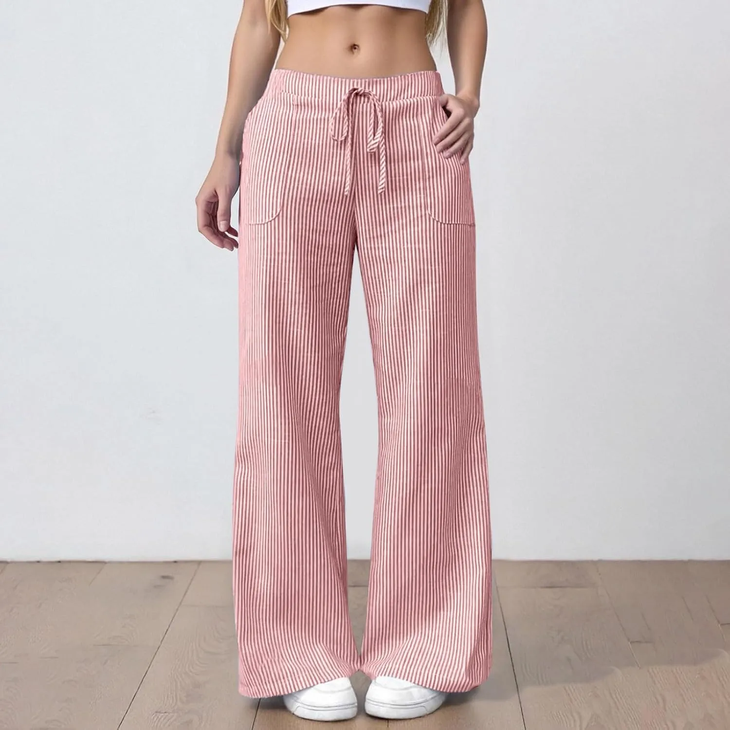 Womens Striped Linen Pants Low Rise Wide Leg Plus Size Trendy Drawstring Elastic Waist Casual Flowy Trouser with Pockets