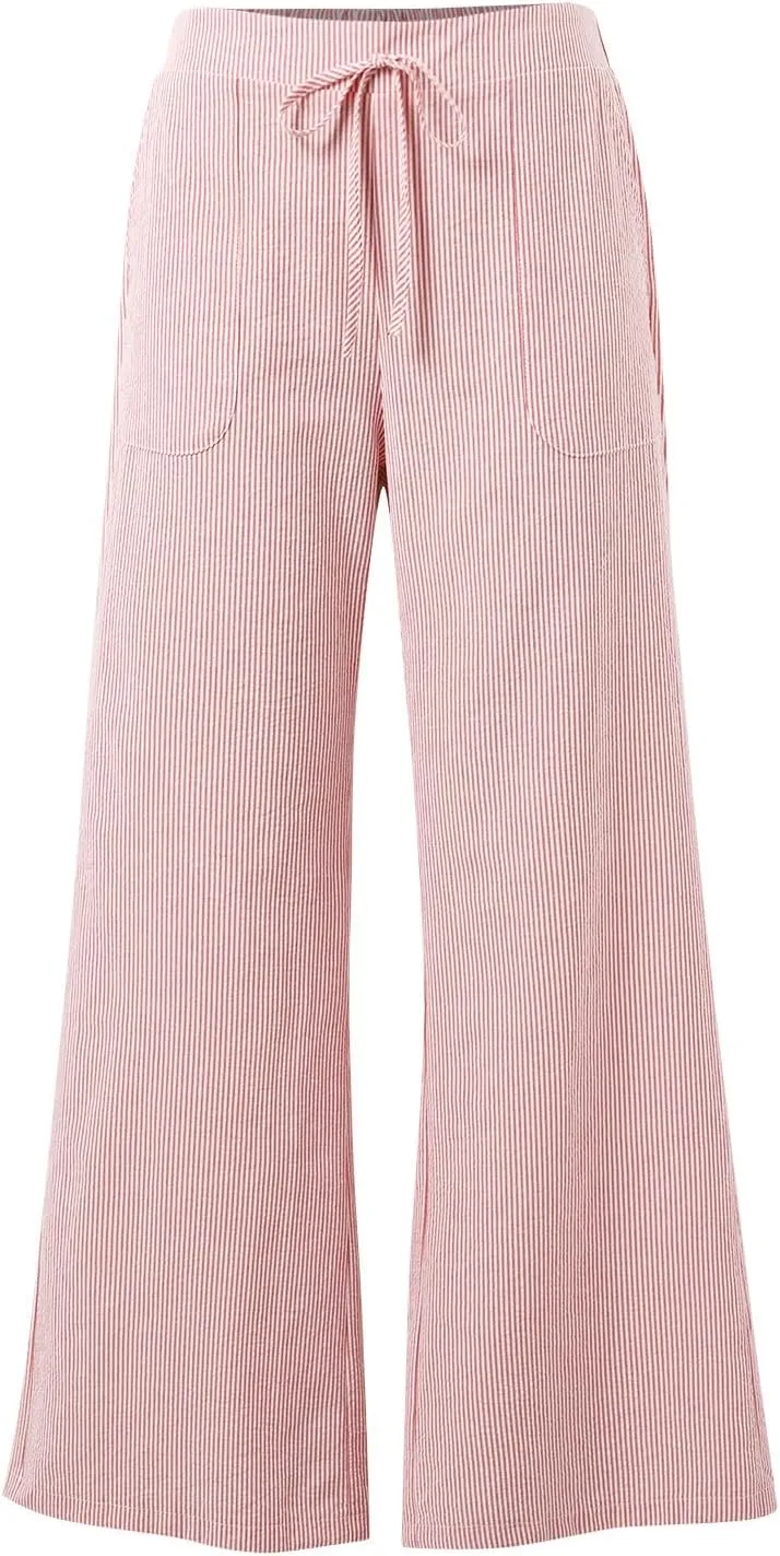 Womens Striped Linen Pants Low Rise Wide Leg Plus Size Trendy Drawstring Elastic Waist Casual Flowy Trouser with Pockets