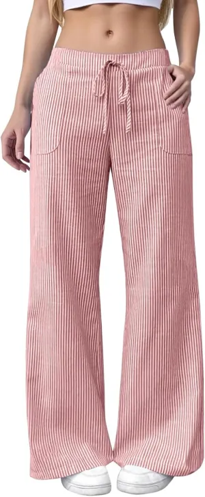 Womens Striped Linen Pants Low Rise Wide Leg Plus Size Trendy Drawstring Elastic Waist Casual Flowy Trouser with Pockets