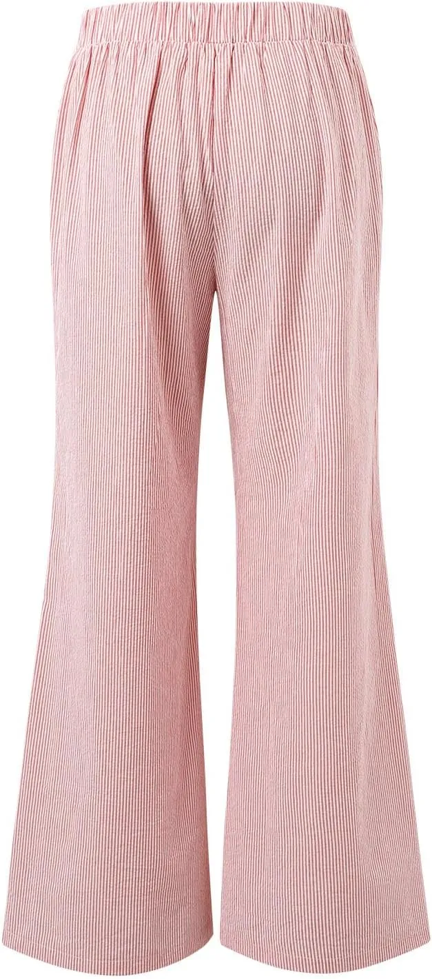 Womens Striped Linen Pants Low Rise Wide Leg Plus Size Trendy Drawstring Elastic Waist Casual Flowy Trouser with Pockets