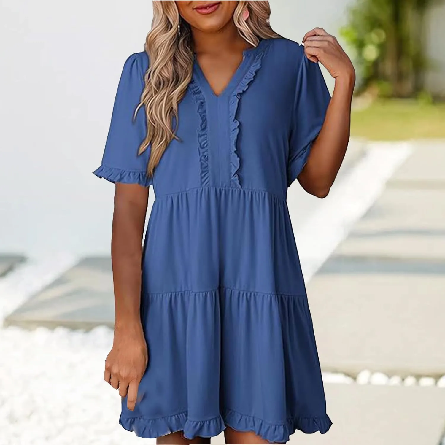 Womens Summer 2025 Ruffle Chiffon Tiered Dresses Casual A Line Flowy Swing V Neck Short Sleeve Mini Dress