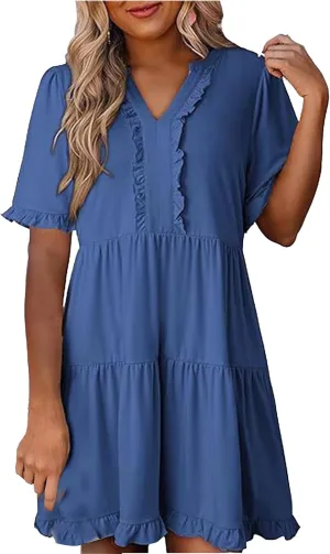 Womens Summer 2025 Ruffle Chiffon Tiered Dresses Casual A Line Flowy Swing V Neck Short Sleeve Mini Dress