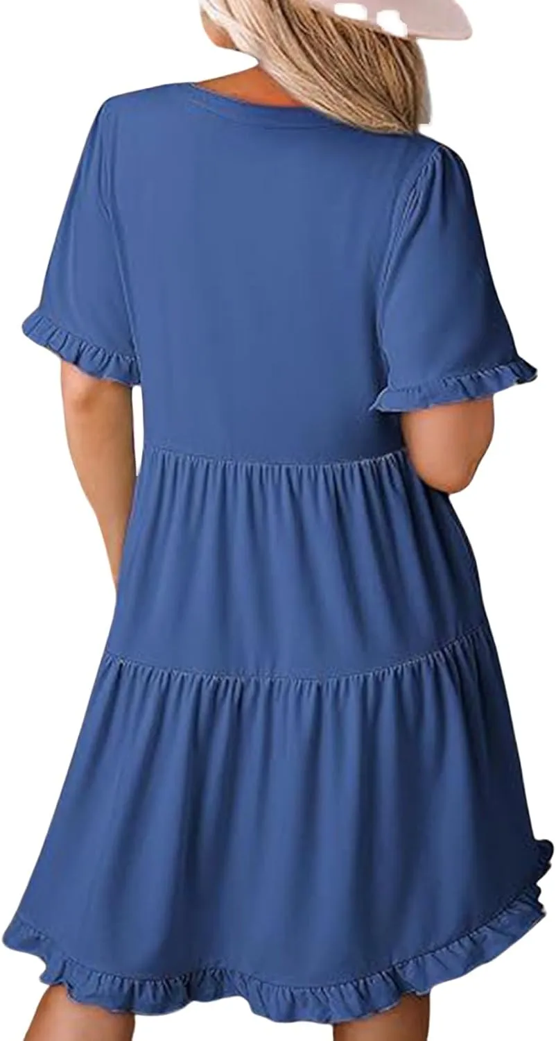 Womens Summer 2025 Ruffle Chiffon Tiered Dresses Casual A Line Flowy Swing V Neck Short Sleeve Mini Dress