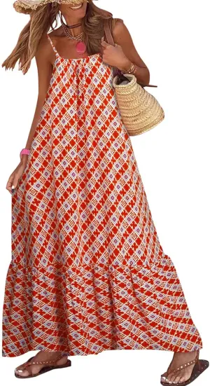 Womens Summer Bohemian Pattern Spaghetti Straps Sleeveless Casual Maxi Long Dresses Y2k Beach Sundress Streetwear