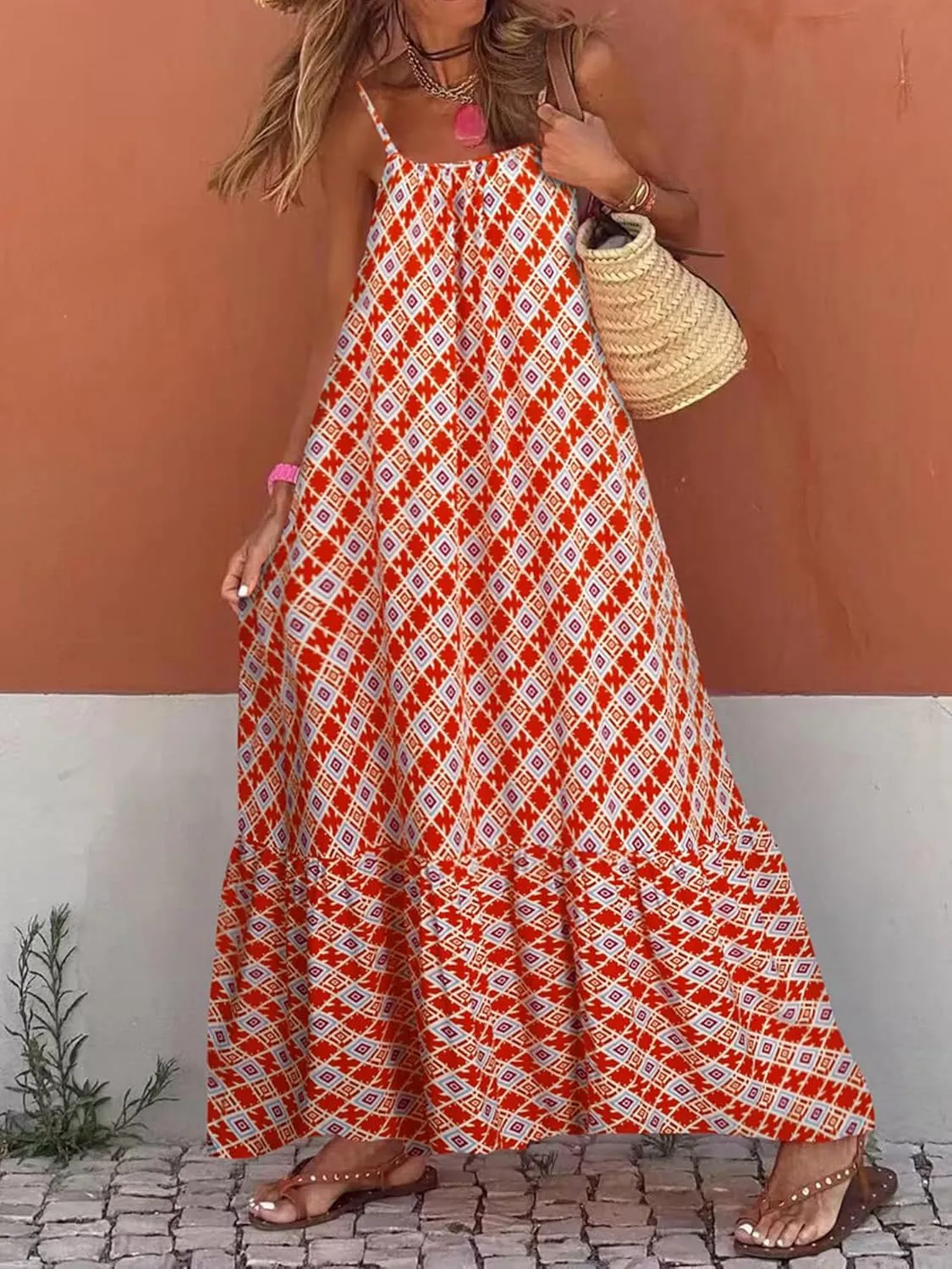 Womens Summer Bohemian Pattern Spaghetti Straps Sleeveless Casual Maxi Long Dresses Y2k Beach Sundress Streetwear