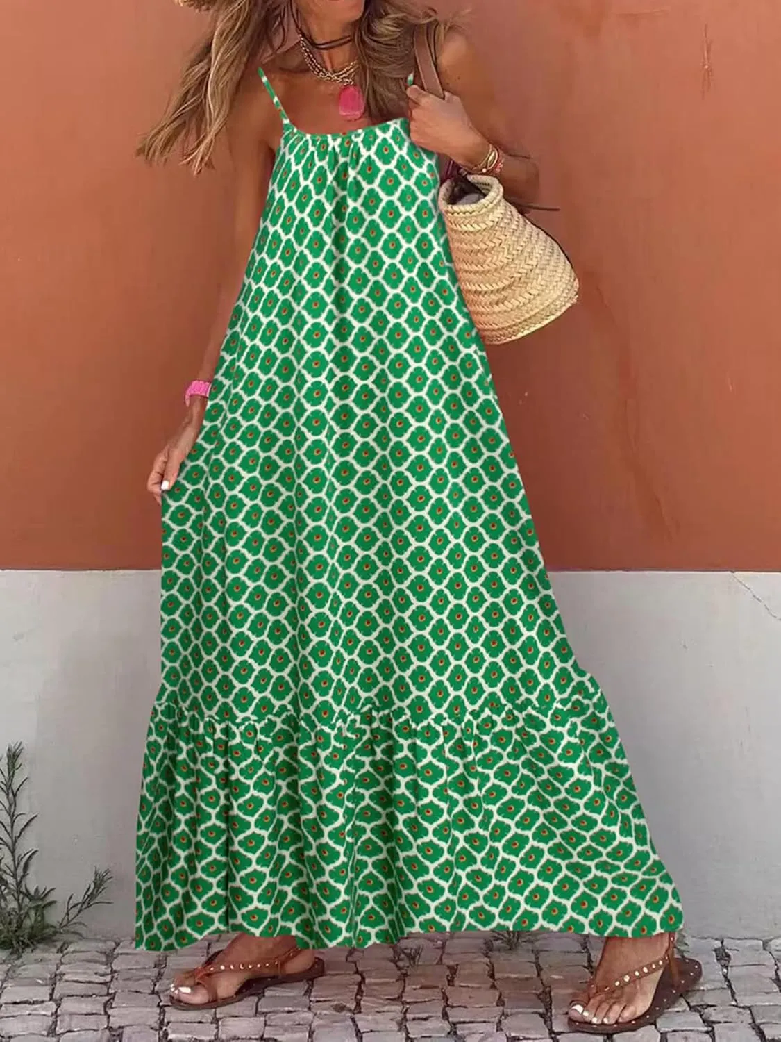 Womens Summer Bohemian Pattern Spaghetti Straps Sleeveless Casual Maxi Long Dresses Y2k Beach Sundress Streetwear