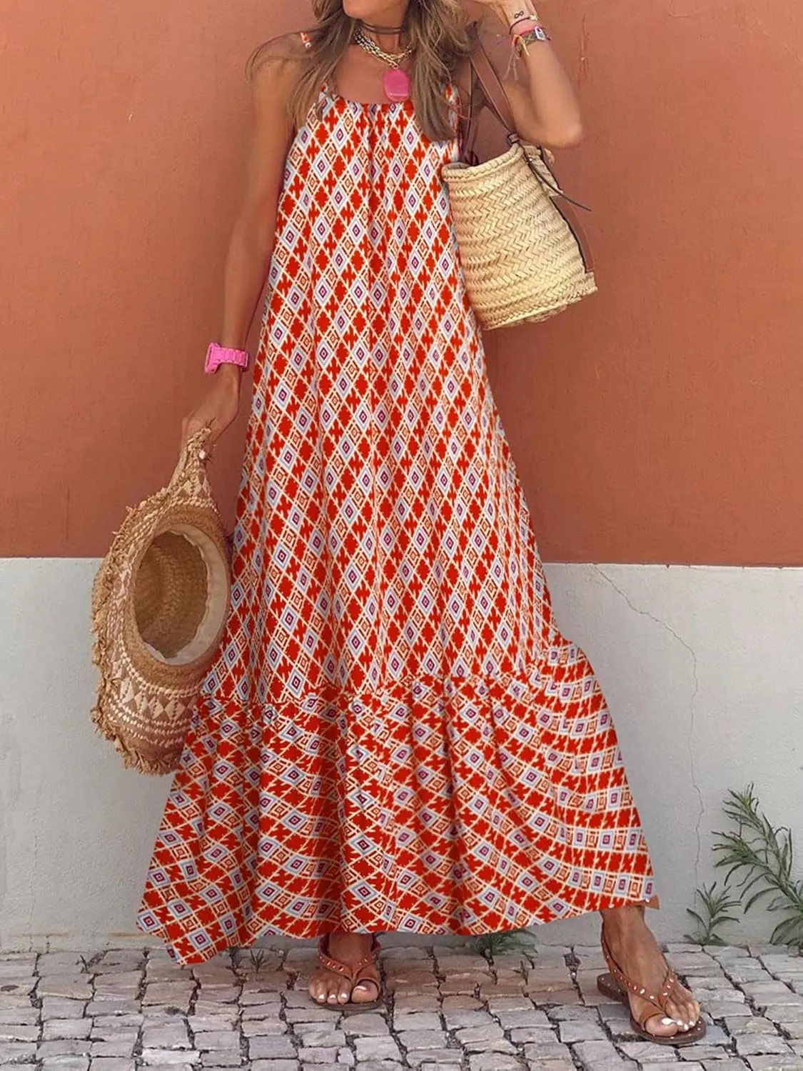 Womens Summer Bohemian Pattern Spaghetti Straps Sleeveless Casual Maxi Long Dresses Y2k Beach Sundress Streetwear