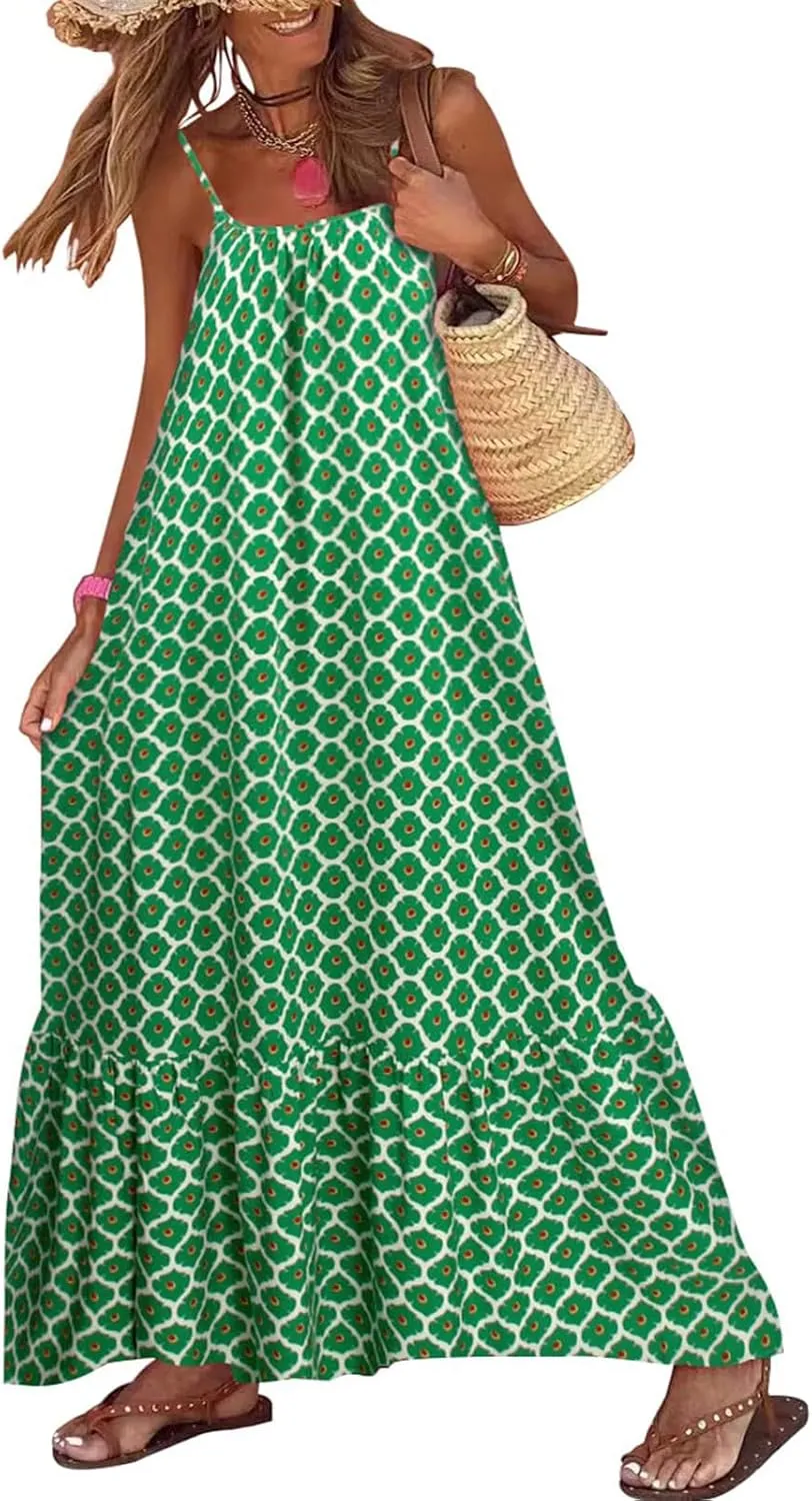 Womens Summer Bohemian Pattern Spaghetti Straps Sleeveless Casual Maxi Long Dresses Y2k Beach Sundress Streetwear