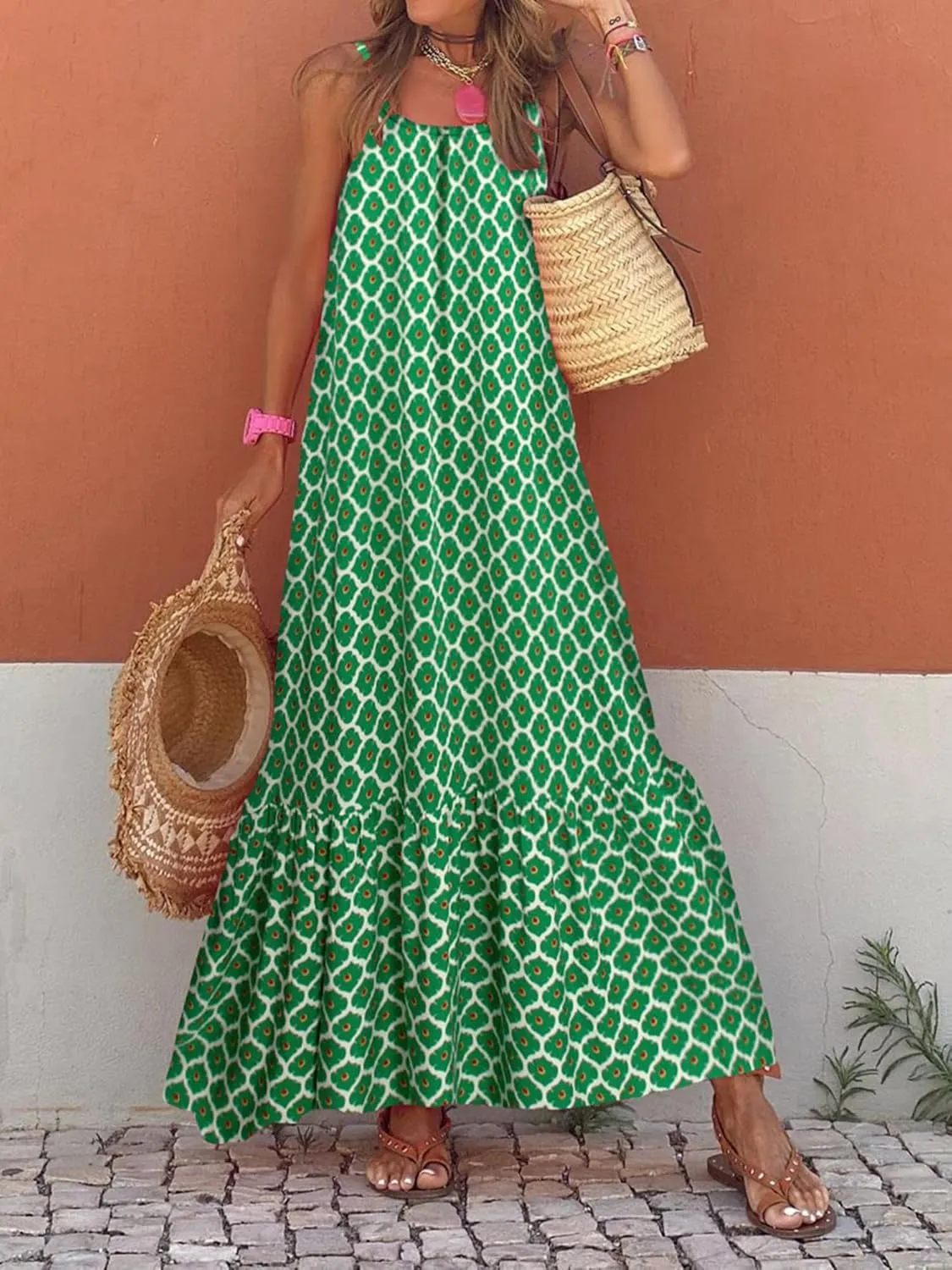 Womens Summer Bohemian Pattern Spaghetti Straps Sleeveless Casual Maxi Long Dresses Y2k Beach Sundress Streetwear
